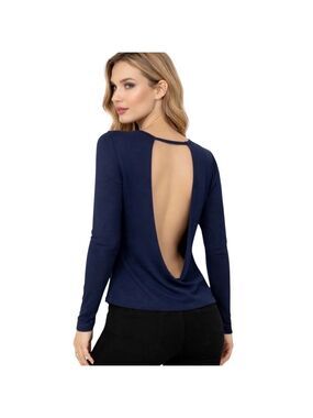 Womens Navy Open-Back Long Sleeve Top S Karma Stretchy Fabric Casual Fit Round
